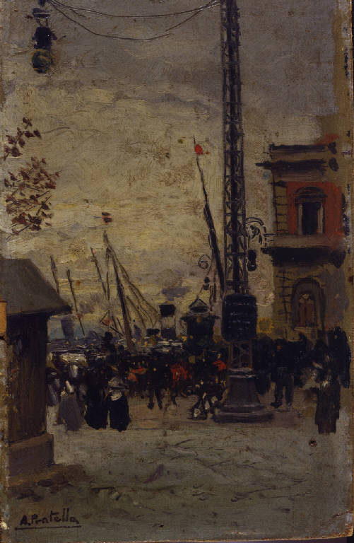 il porto di Napoli, n. 4 di Sette Piccole Vedute di Napoli (dipinto) di Pratella Attilio (ultimo quarto sec. XIX)