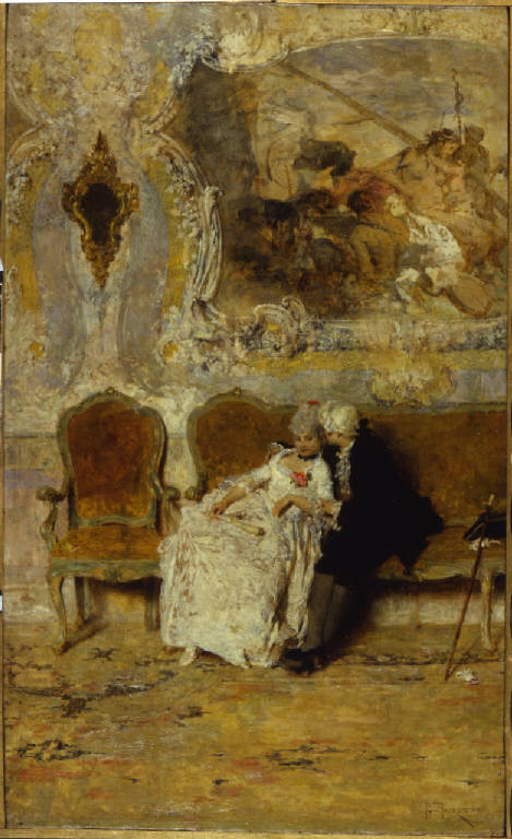 Soli, Alone, a corner of the Salon, scena di corteggiamento (dipinto) di Favretto, Giacomo (ultimo quarto sec. XIX)
