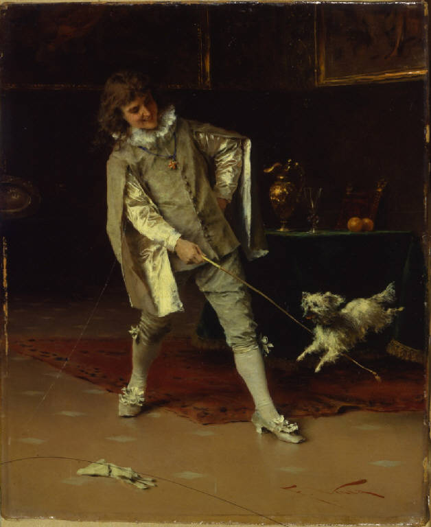 L'ammaestramento del cane, Signorina che gioca con cane, ragazza che gioca con cagnolino (dipinto) di Vinea Francesco (fine sec. XIX)