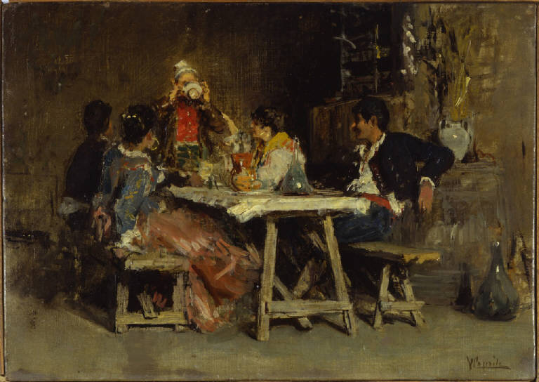 Pranzo di nozze, La casa del cacciatore, pasto a tavola in interno domestico (dipinto) di Caprile, Vincenzo; Zaccari, Ettore (ultimo quarto sec. XIX)