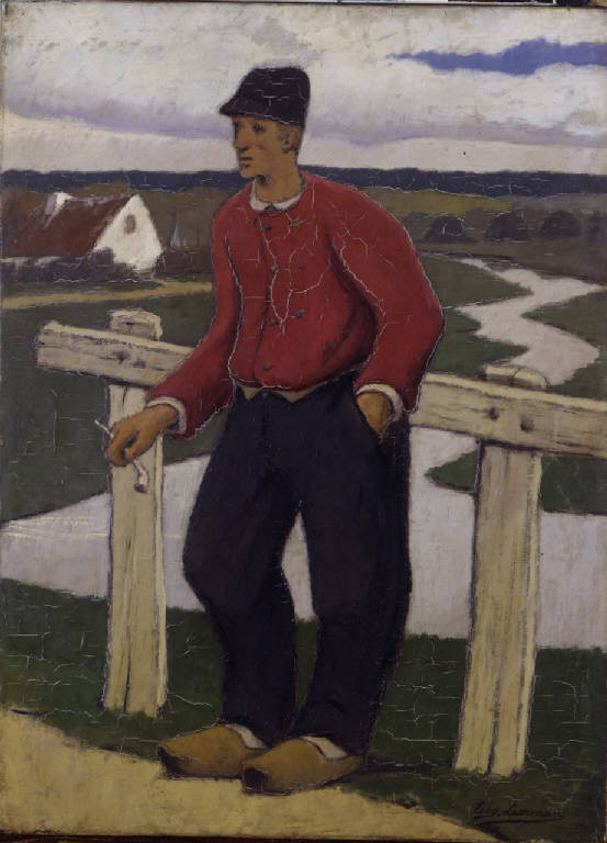 Giovane Contadino, Accanto al fiume, contadino (dipinto) di Laermans Eugène (primo quarto sec. XX)