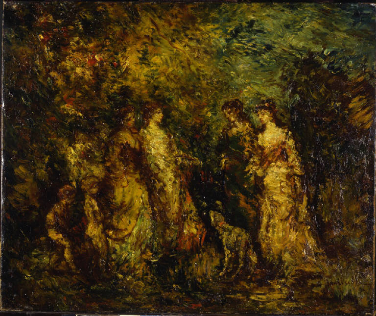 Nel parco, Gioco di dame, dame nel parco (dipinto) di Monticelli Adolphe (ultimo quarto sec. XIX)