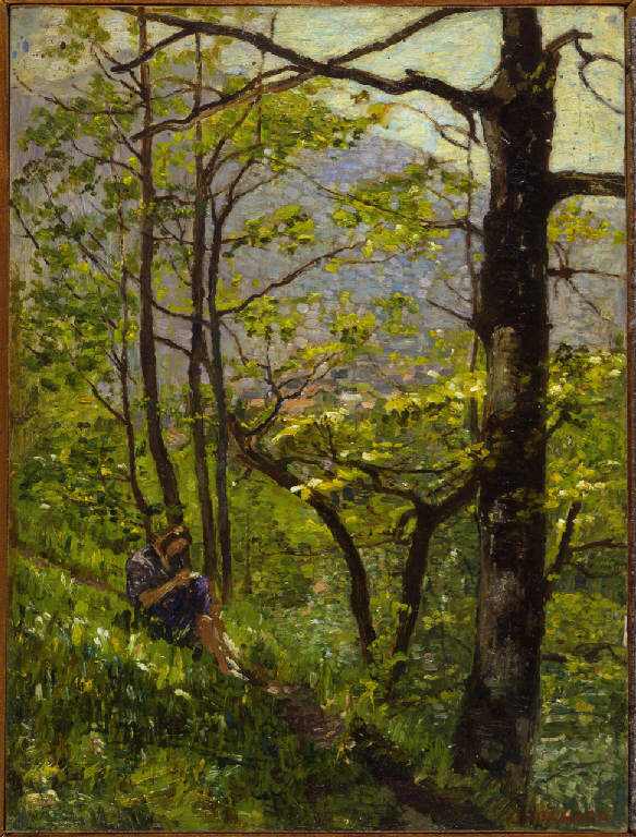Controluce, Pomeriggio di maggio, donna nel bosco (dipinto) di Fornara, Carlo (secondo quarto sec. XX)