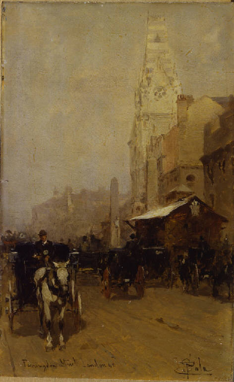 Farrington Street, London 1885, Carrozze con cavalli, Farrington Street, Londra (dipinto) di Sala Paolo (ultimo quarto sec. XIX)