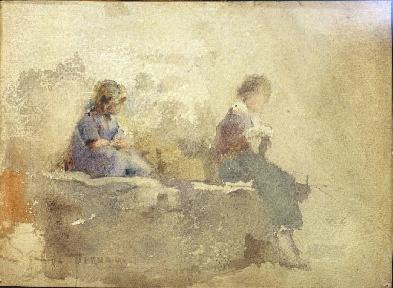 Due giovani donne, Figura di due ragazze, due giovani donne (disegno) di Bignami Vespasiano detto Vespa (sec. XIX)
