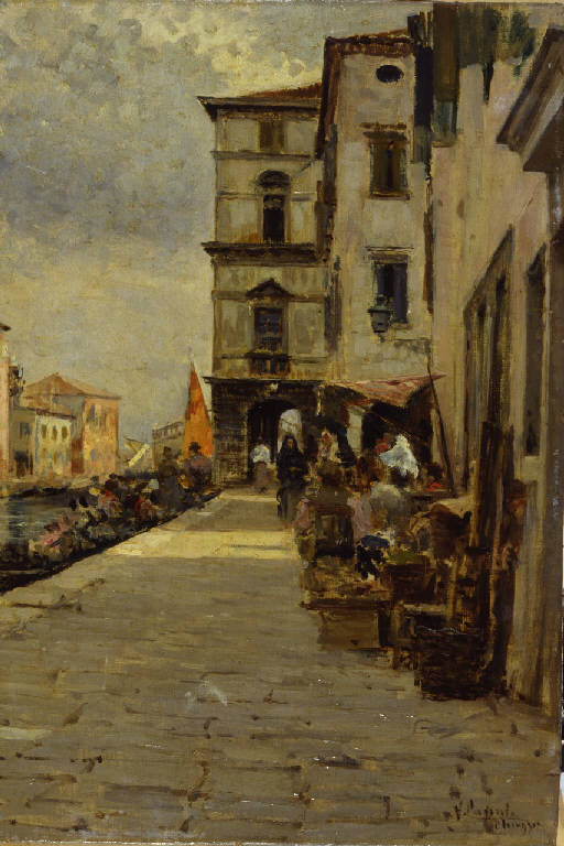 Mercato a Chioggia, Una calle a Chioggia, mercato a Chioggia (dipinto) di Caprile, Vincenzo (ultimo quarto sec. XIX)