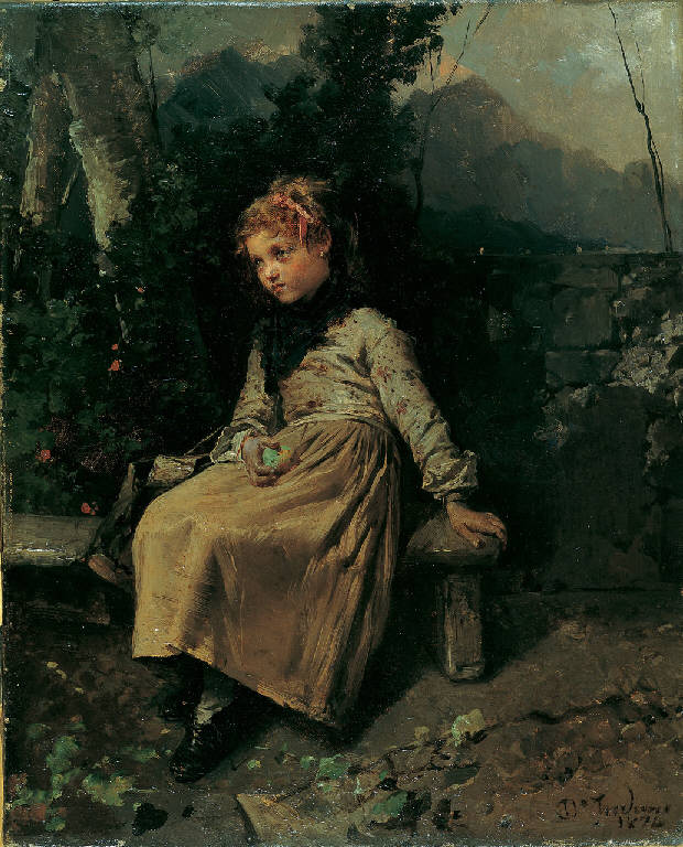 Bambina in giardino, Bambina seduta in giardino, bambina (dipinto) di Induno Domenico (terzo quarto sec. XIX)