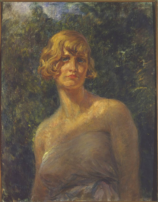 Al sole, Donna al sole, ritratto femminile (dipinto) di Mazza, Aldo (secondo quarto sec. XX)