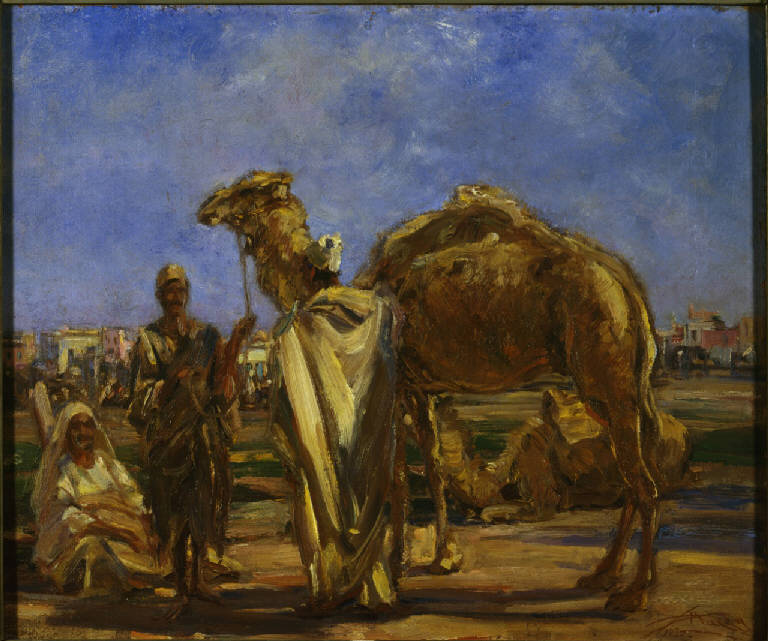 Il mercato di Tripoli, Tripoli - cammelli, mercato di Tripoli (dipinto) di Mazza, Aldo (secondo quarto sec. XX)