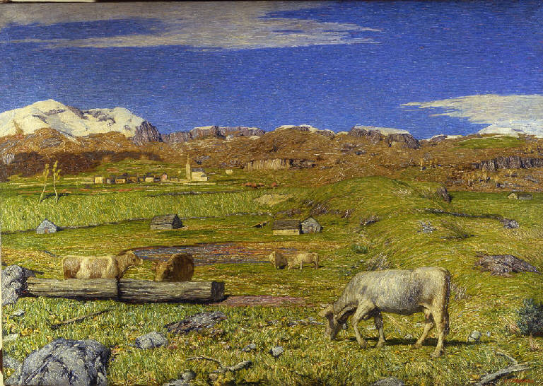 Ultimi pascoli, paesaggio montano (dipinto) di Fornara, Carlo (inizio sec. XX)