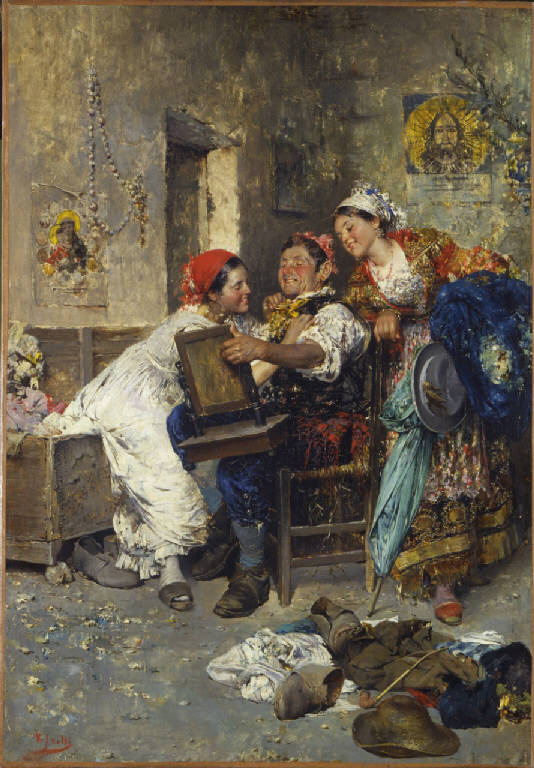 Zingari, Uomo con due donne, zingari (dipinto) di Irolli Vincenzo (primo quarto sec. XX)