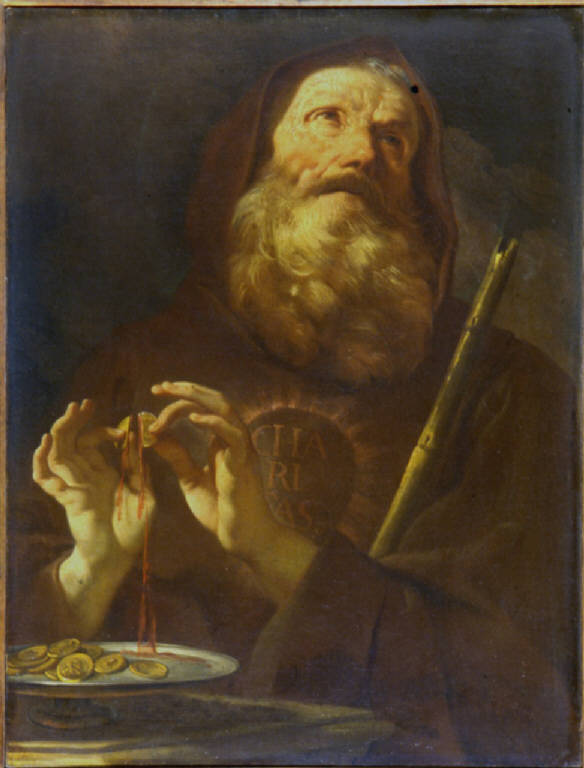 frate che spezza una moneta (dipinto) di Piazzetta Giovanni Battista (attribuito) (prima metà sec. XVIII)