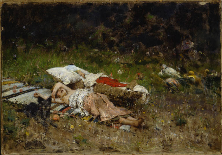 La nidiata, contadinella con cagnolino (dipinto) di Michetti, Francesco Paolo; Zaccari, Ettore (terzo quarto sec. XIX)