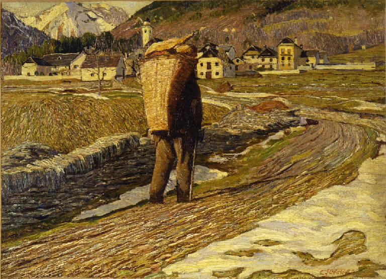 Vespero di marzo, contadino e paesaggio montano (dipinto) di Fornara, Carlo (inizio sec. XX)