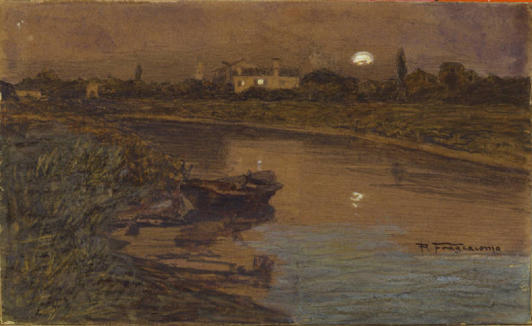 Pace, paesaggio e corso d'acqua (dipinto) di Fragiacomo, Pietro (ultimo quarto sec. XIX)