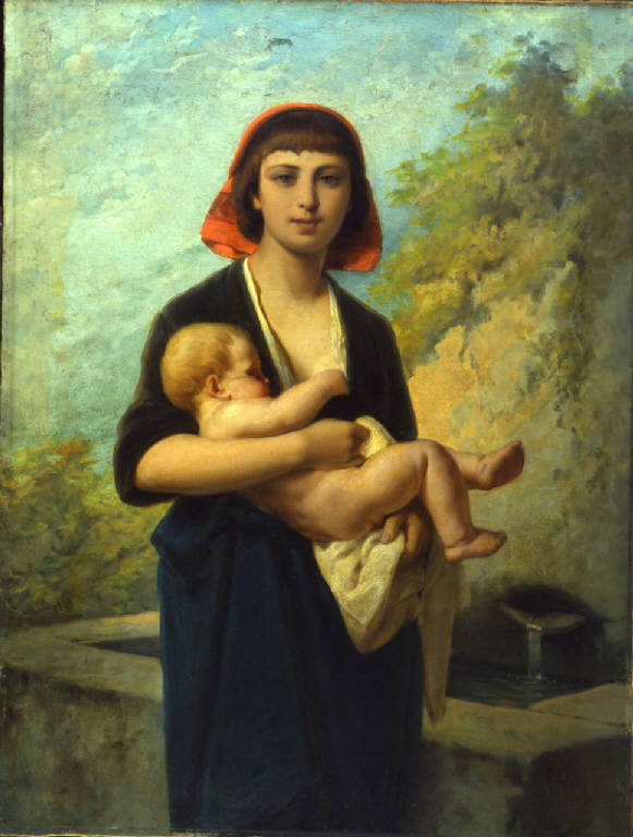 Alla fonte, donna con bambino alla fonte (dipinto) di Mazza, Giuseppe (ultimo quarto sec. XIX)