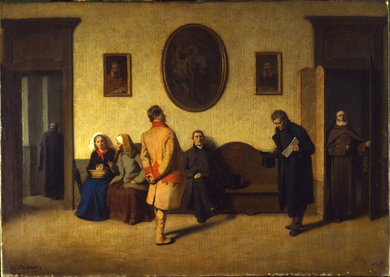 Anticamera d'un patrizio, Anticamera di monsignore, gruppo di persone in attesa (dipinto) di Mazza, Giuseppe (ultimo quarto sec. XIX)