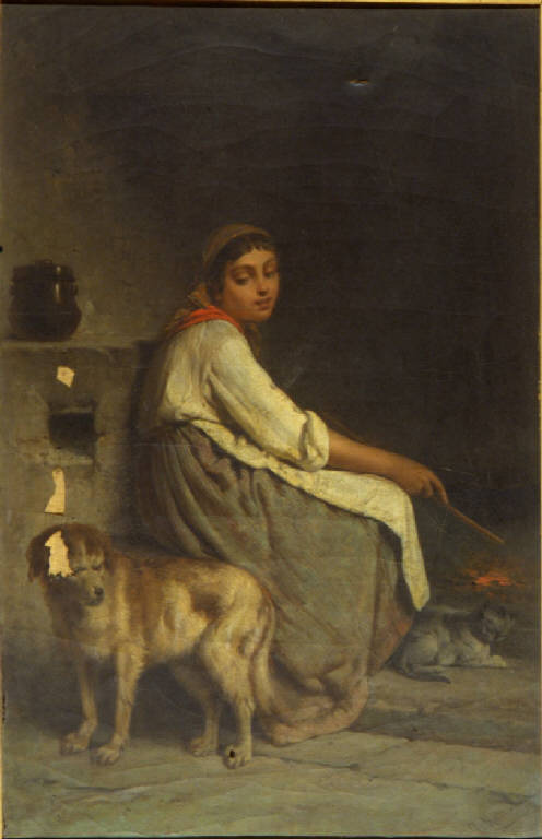 Donna con cane e gatto vicino al caminetto, Donna con cane e gatto (dipinto) di Mazza, Giuseppe (terzo quarto sec. XIX)