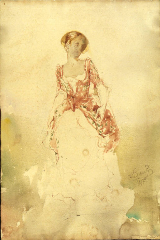 Figura femminile in costume settecentesco, Ritratto di donna, figura femminile in costume settecentesco (dipinto) di Bianchi, Mosè (fine sec. XIX)