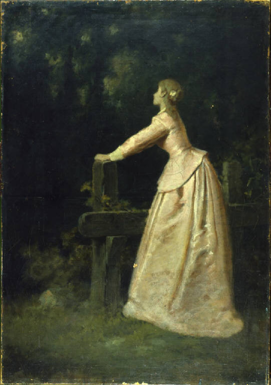 L'addio, donna in contemplazione (dipinto) di Mazza, Giuseppe (terzo quarto sec. XIX)