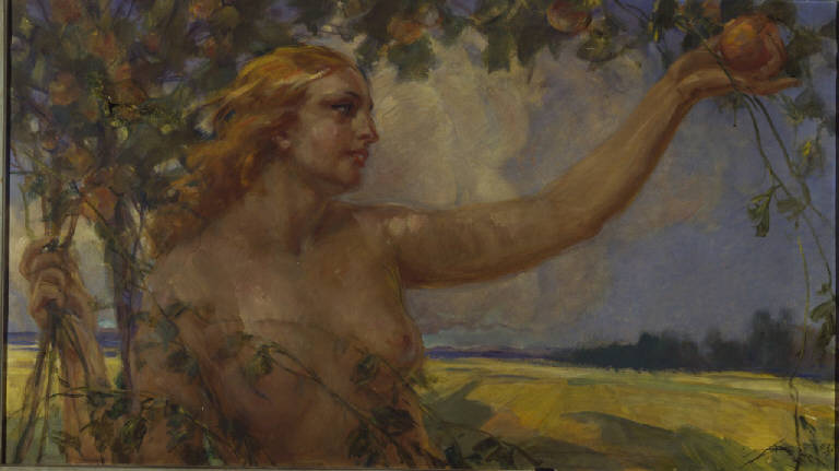 Donna nuda che raccoglie un frutto, ritratto femminile (dipinto) di Mazza, Aldo (secondo quarto sec. XX)