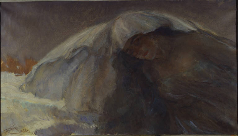 Donna velata, ritratto femminile (dipinto) di Mazza, Aldo (secondo quarto sec. XX)