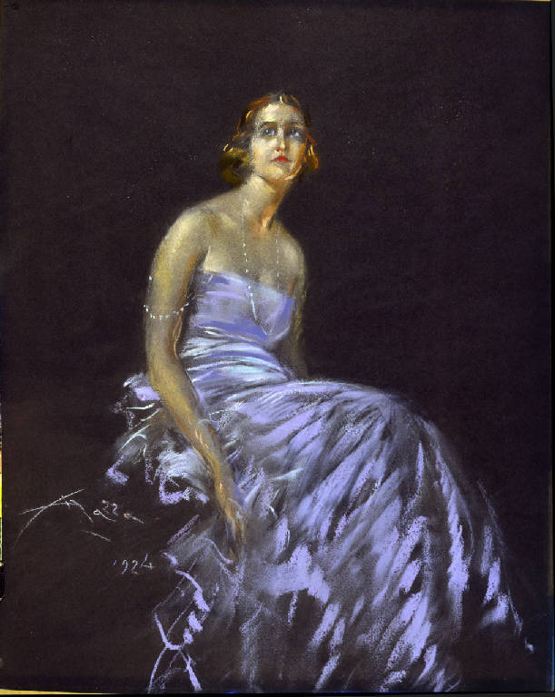 Donna in abito viola, ritratto femminile (disegno) di Mazza, Aldo (secondo quarto sec. XX)