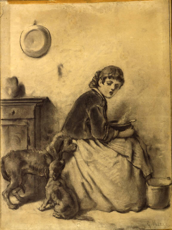 Donna con cani, donna con cani (disegno) di Mazza, Giuseppe (terzo quarto sec. XIX)