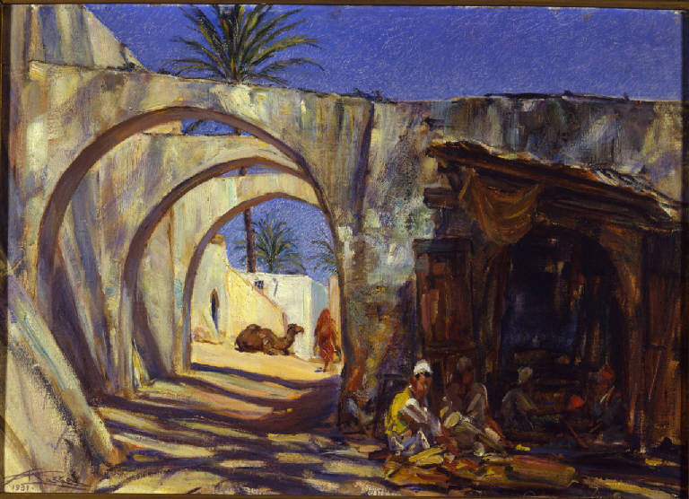 Paesaggio di Tripoli, Forno arabo, Suk-El-Gimma, Tripoli (dipinto) di Mazza, Aldo (secondo quarto sec. XX)