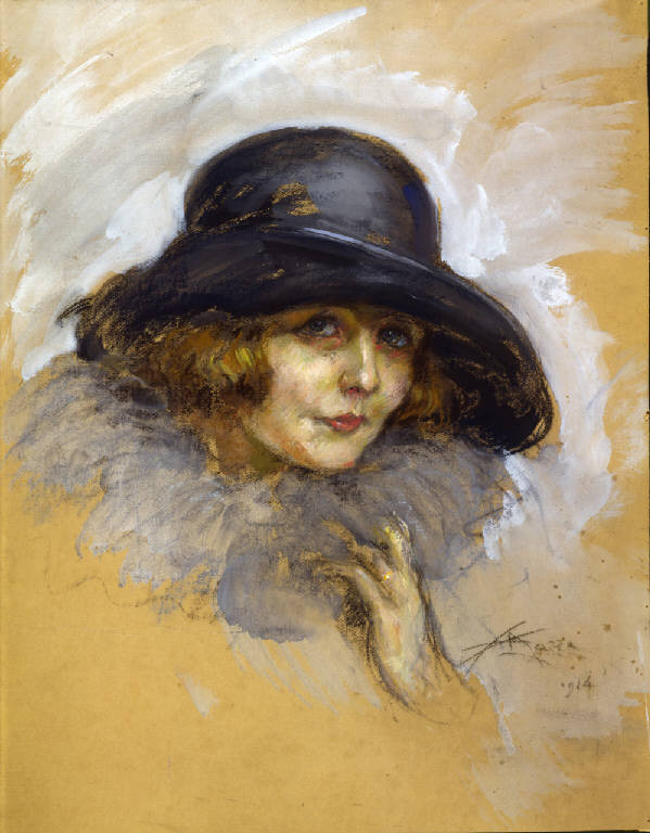 Testa di donna con cappello, donna con cappello (dipinto) di Mazza, Aldo (secondo quarto sec. XX)