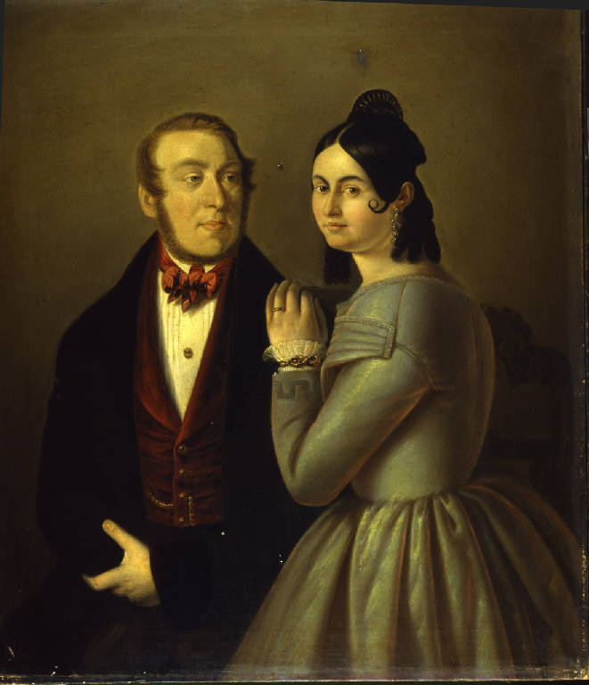 Ritratto di famiglia, coppia di sposi (dipinto) - ambito lombardo (metà sec. XIX)