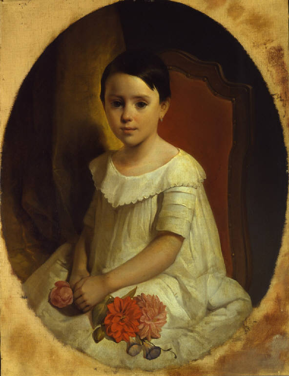 Bambina con fiore, ritratto di bambina (dipinto) di Mazza, Giuseppe (terzo quarto sec. XIX)