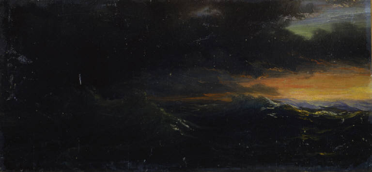 Tramonto sul mare in tempesta, paesaggio e corso d'acqua (disegno) di Barry, François Pierre Bernard (inizio sec. XX)