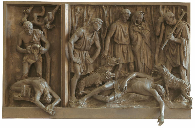 Martirio e leggenda di San Vittore, martirio di San Vittore e ritrovamento del suo corpo (scultura) di Minerbi, Arrigo (metà sec. XX)
