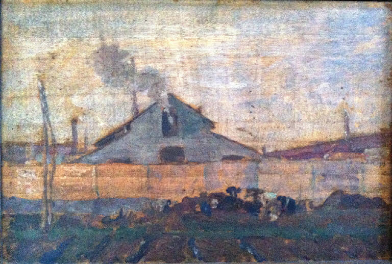 paesaggio con fabbrica (dipinto) di Carpi, Aldo (primo quarto sec. XX)