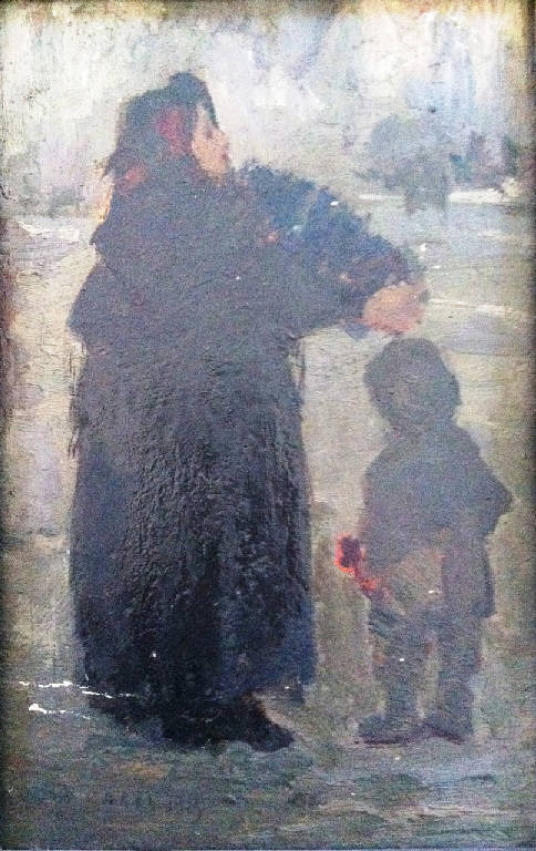 la povertà, mamma con bambino (dipinto) di Carpi, Aldo (primo quarto sec. XX)