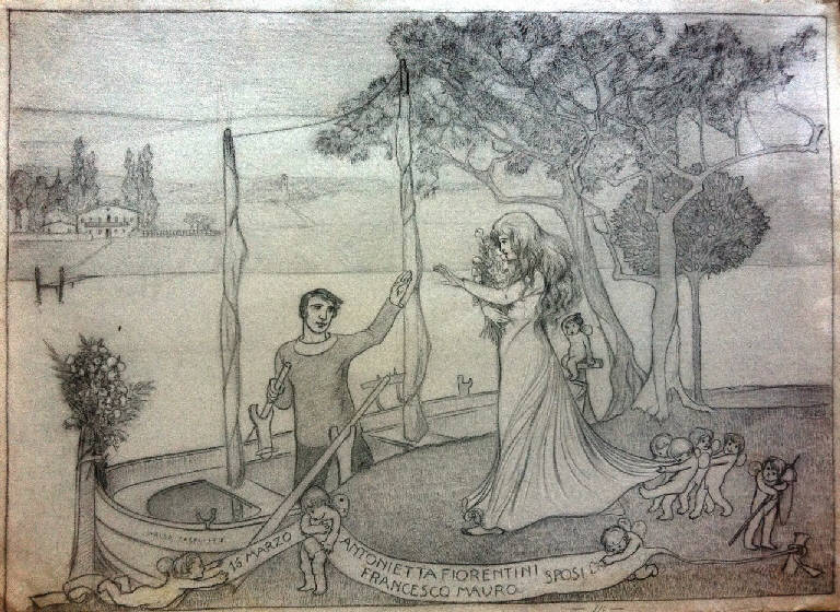 Nozze Mauro, celebrazione delle nozze tra Antonietta Fiorentini e Francesco Mauro (disegno) di Carpi, Aldo (primo quarto sec. XX)