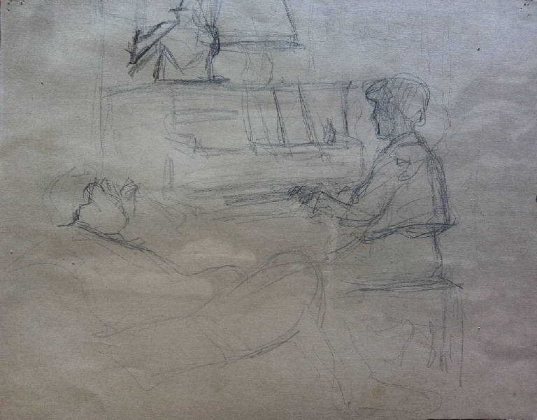 i coniugi Mauro. Edi al pianoforte e Francesco in poltrona, testa di Edi Mauro (disegno) di Carpi, Aldo (prima metà sec. XX)