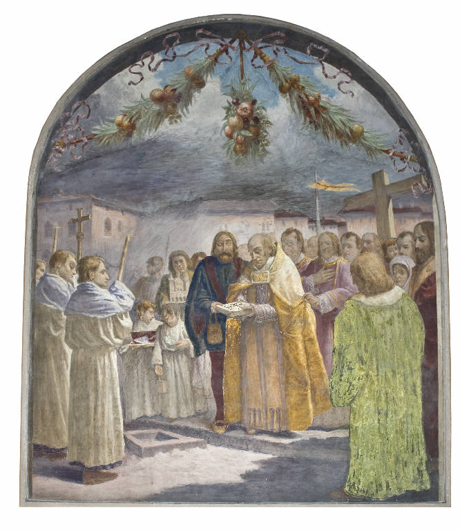 Carlo Pallavicino benedice la posa della prima pietra (dipinto) di Bignami, Osvaldo (esecutore) (primo quarto sec. XX)