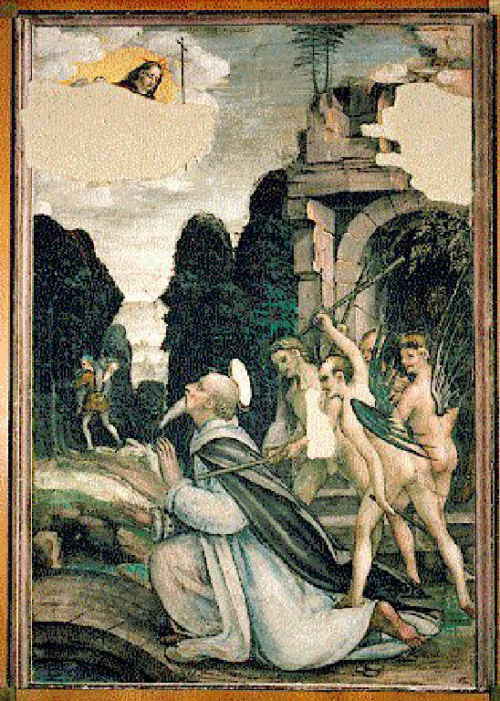 Sant'Antonio Abate parla col demonio (dipinto) di Piazza, Martino; Piazza, Alberto (esecutore; esecutore) (prima metà sec. XVI)