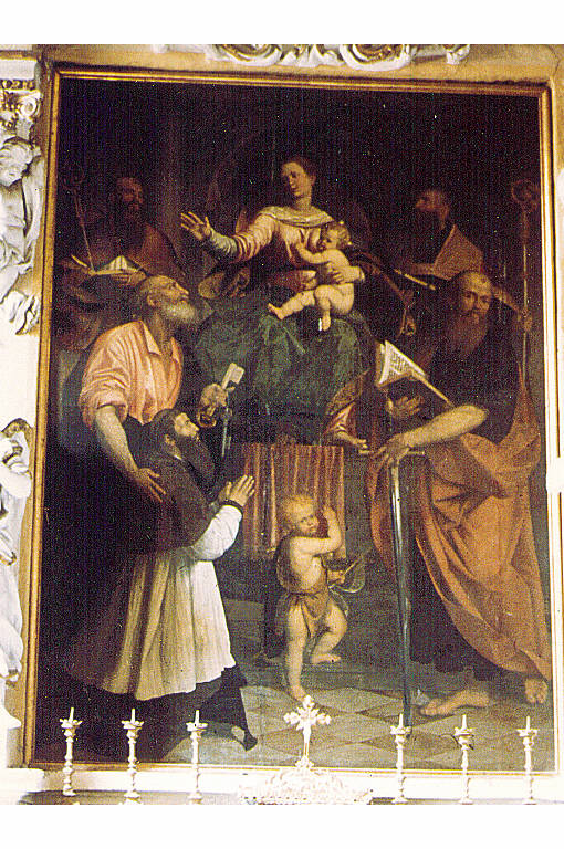 Pala Cesi, Madonna in trono con Bambino con San Pietro, San Paolo, due Santi Vescovi, San Giovanni Battista e il committente (pala d'altare) di Piazza, Callisto (metà sec. XVI)