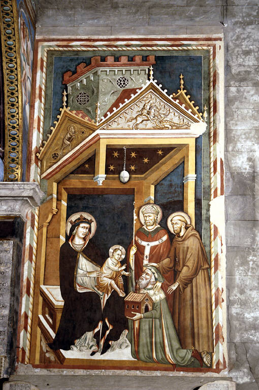 Madonna in trono col Bambino tra San Nicola, San Francesco d'Assisi e il committente Antonio Fissiraga (dipinto) di Maestro della tomba Fissiraga (prima metà sec. XIV)