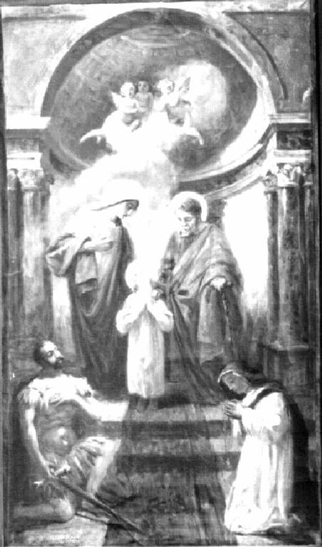 La Sacra Famiglia e Santi in adorazione (dipinto) di Francesco Domenighini (attr.) - ambito lombardo (secc. XIX/ XX)