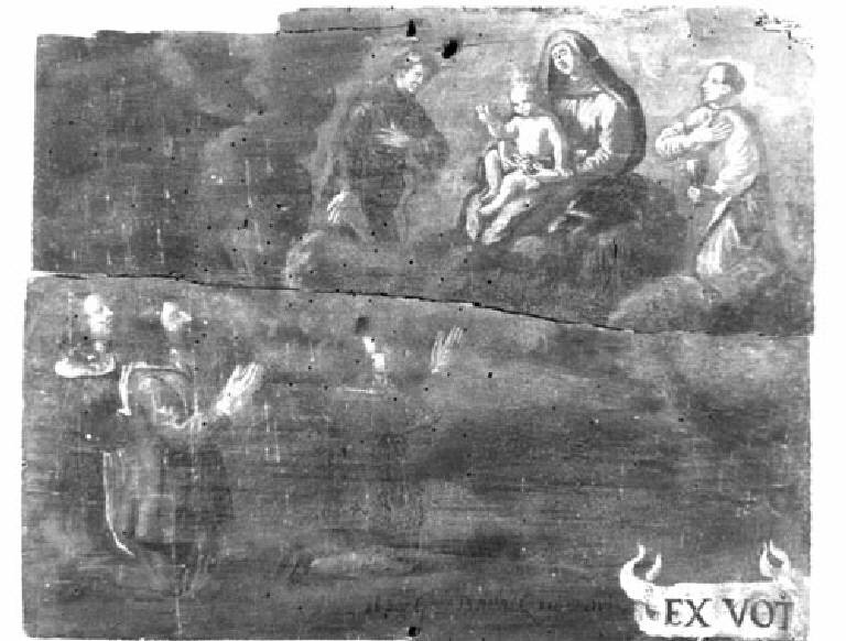 Madonna con Bambino benedicente, due Santi e tre devoti (famiglia) in preghiera (ex voto) - ambito locale (sec. XVIII)