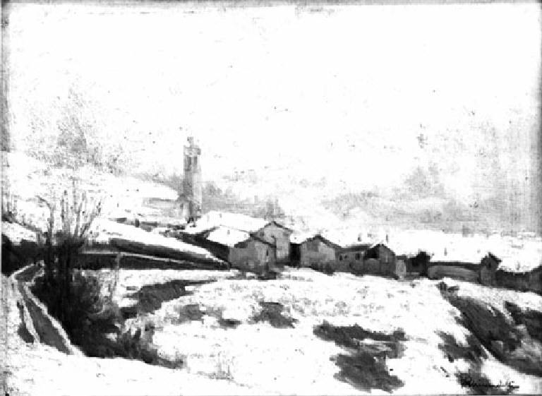 Villaggio alpino con neve (dipinto) di Vincenzo Ghirardelli (attr.) - ambito lombardo-bergamasco (prima metà sec. XX)