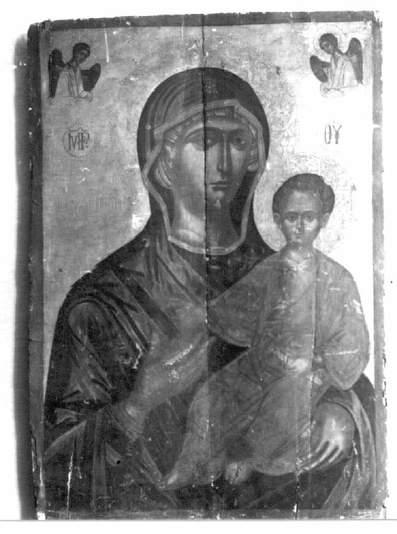 Madonna con Bambino che impugna un cartiglio, e due angeli (dipinto) - ambito cretese-veneziano (sec. XVII)