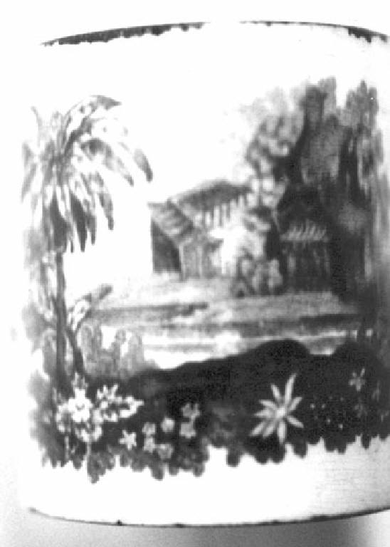 Motivi fitomorfi, pagoda e casa in paesaggio campestre (tazza) - produzione bresciana? (sec. XIX)