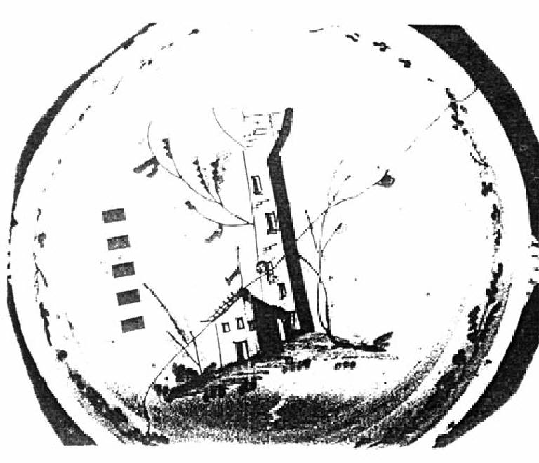Casa, torre e alberi stilizzati. (catino da toilette) - produzione di Faenza? (sec. XIX)