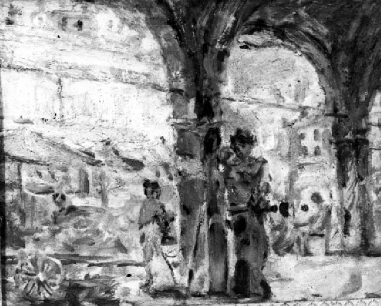 SCENA DI MERCATO PRESSO UN PORTICO (PIAZZA DELLE ERBE) (dipinto) di Angelo Fiessi (attr.) (sec. XX)