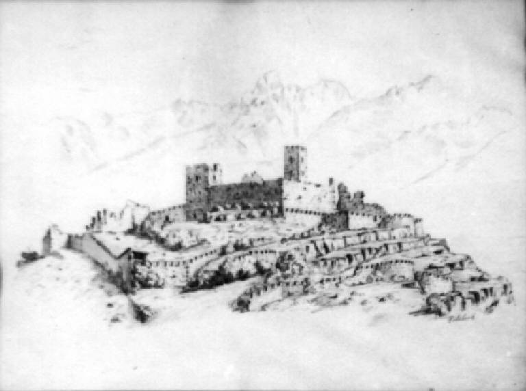 VEDUTA DEL CASTELLO DI BRENO (disegno) di R. Mihich (attr.) (sec. XX)